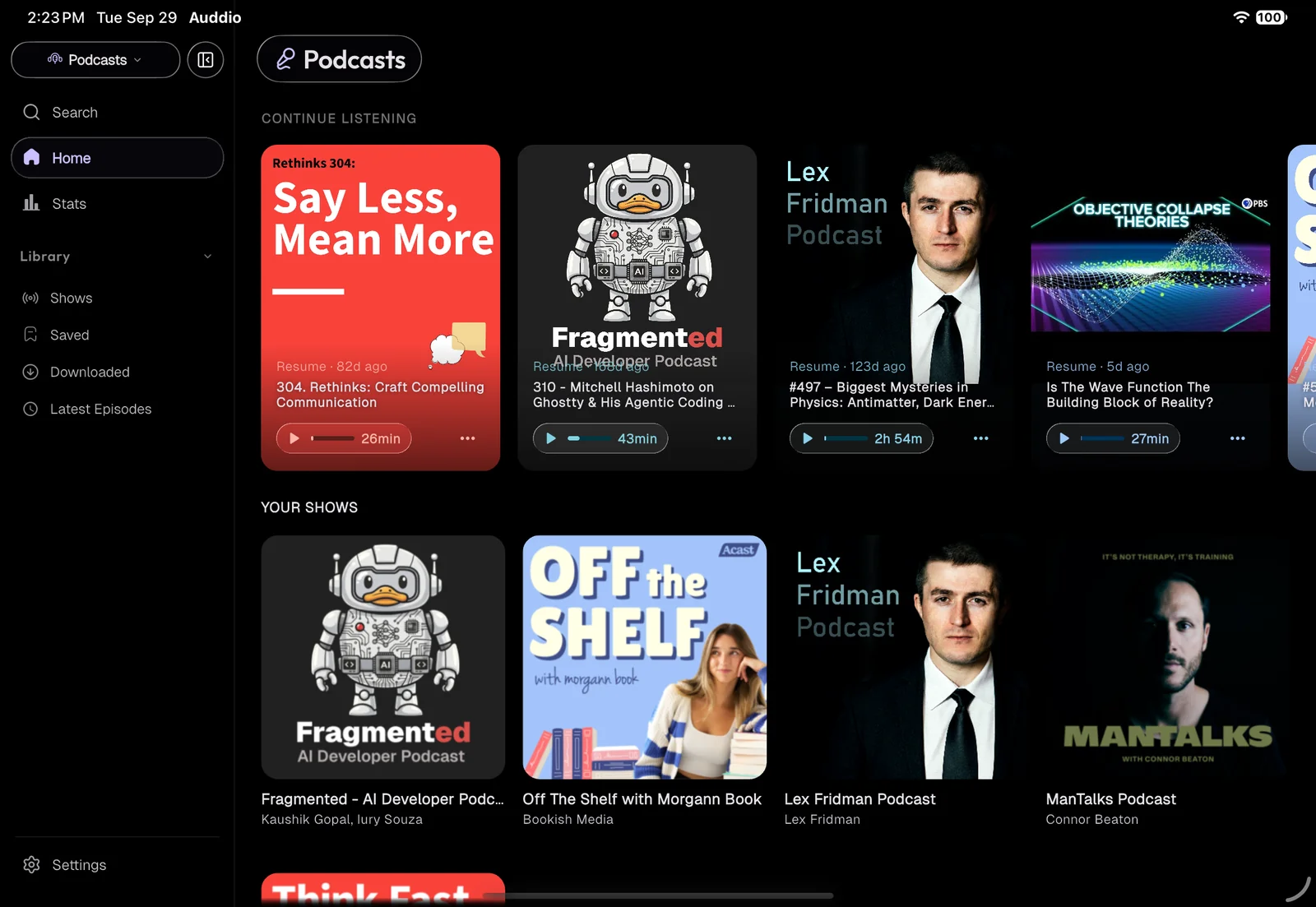 Auddio on iPad Pro - Library & Podcasts