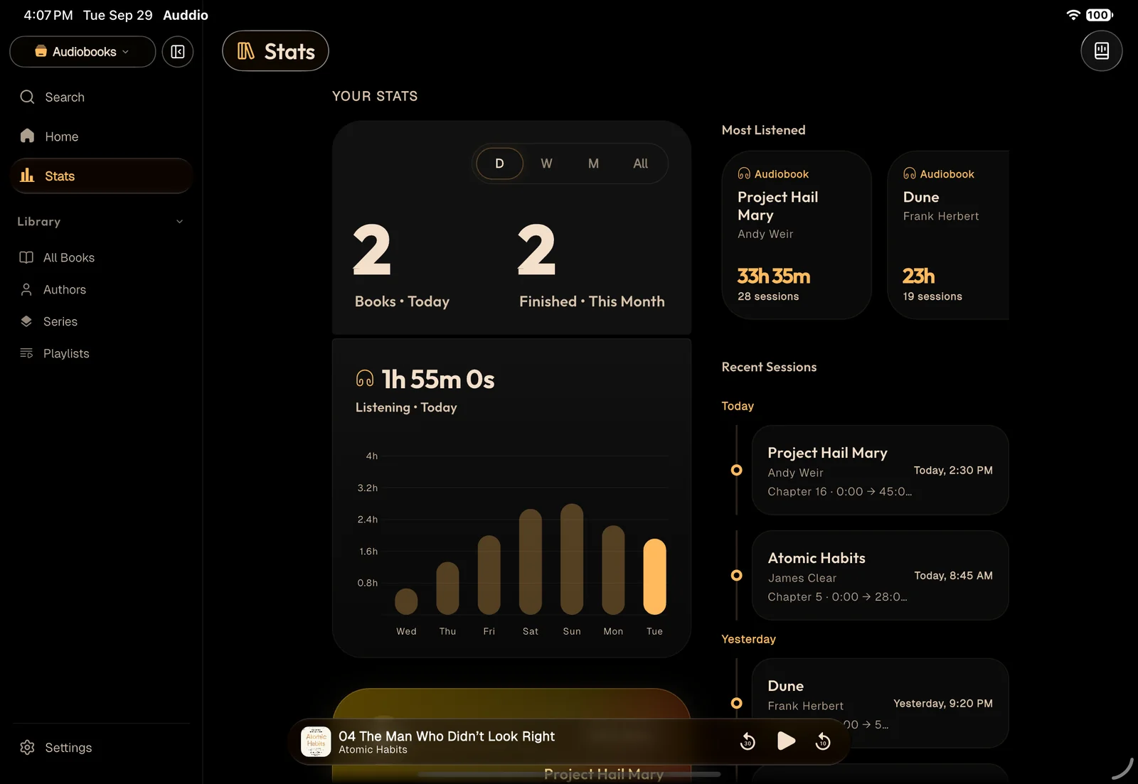 Auddio Listening Stats and Streaks on iPad Pro